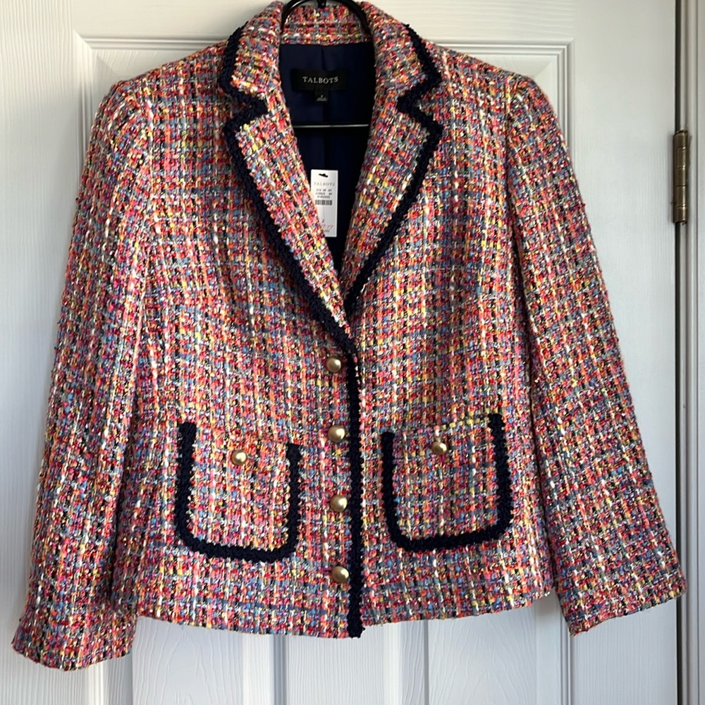 NWT Talbots tweed multi sz 2 blazer w/navy trim, bracelet length sleeves